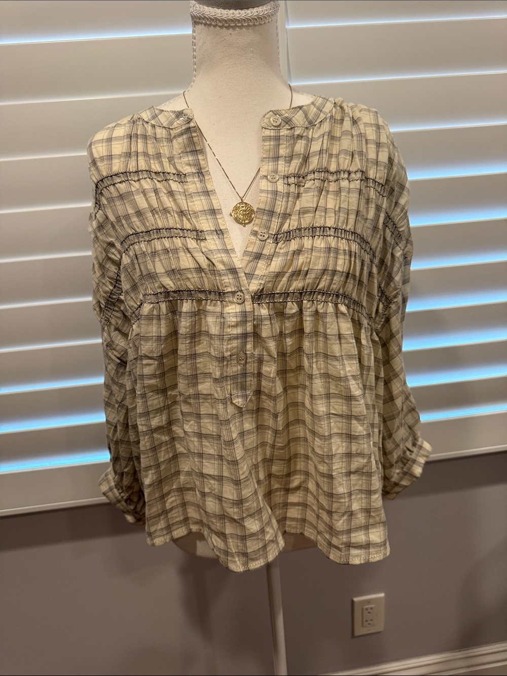 Max Studio Beige and Gray Plaid Peasant Tunic